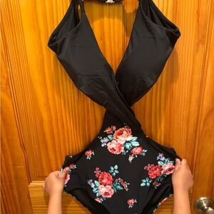 Floral Black One Piece Swimsuit with cut outs and wrap